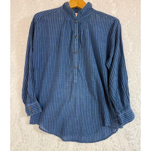 SUNDRY Blue Striped 1/4 Button Long Sleeve Collared Blouse Crochet Detail Size 0 - Picture 1 of 10